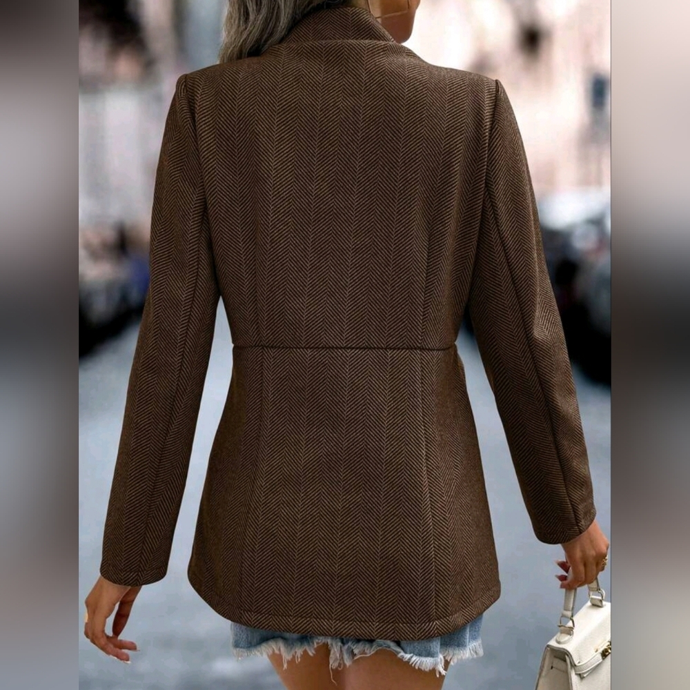 New Chic Classic Tweed Jacket Blazer Coffee Brown - Picture 4 of 8